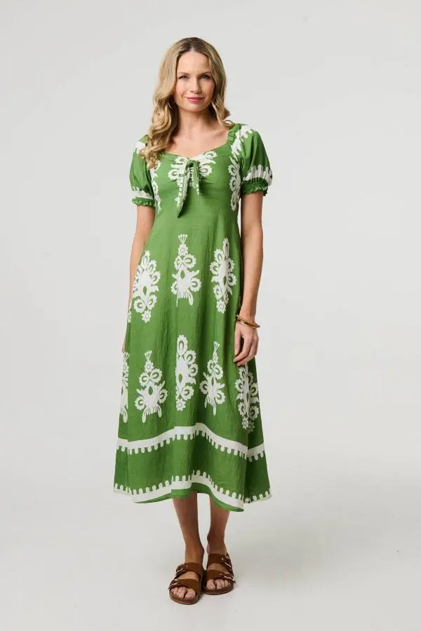 Printed Puff Sleeve Tie Front Midi Dress