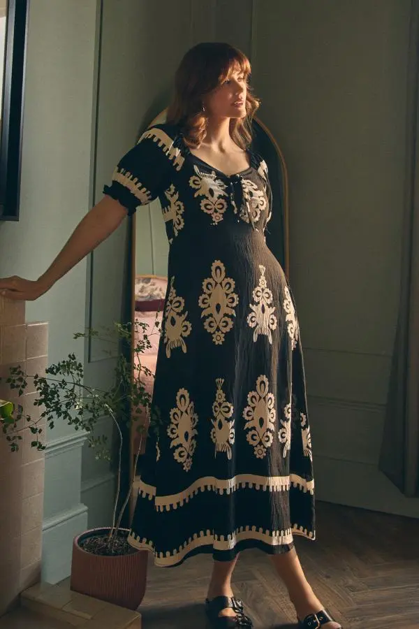 Printed Puff Sleeve Tie Front Midi Dress