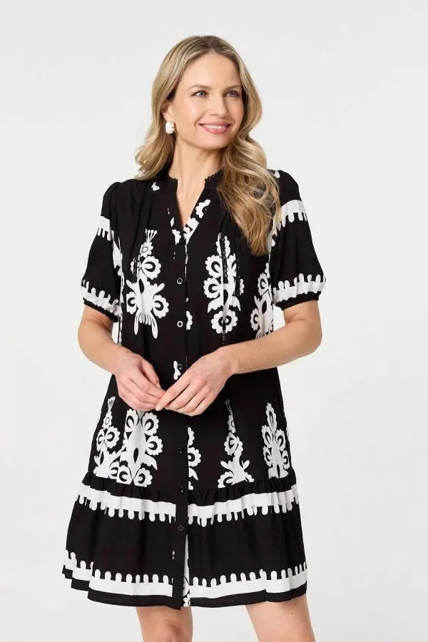 Printed Lace Trim Relaxed Short Shirt Dress