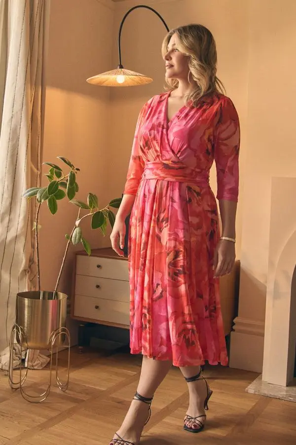 Floral Mesh Ruched Midi Faux Wrap Dress