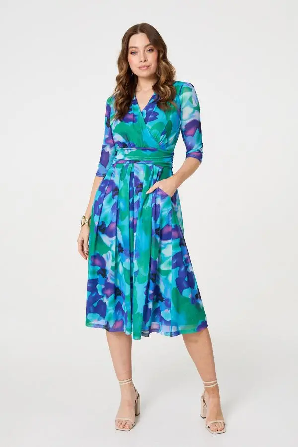 Printed Short Sleeve Pleated Wrap Midi Dress