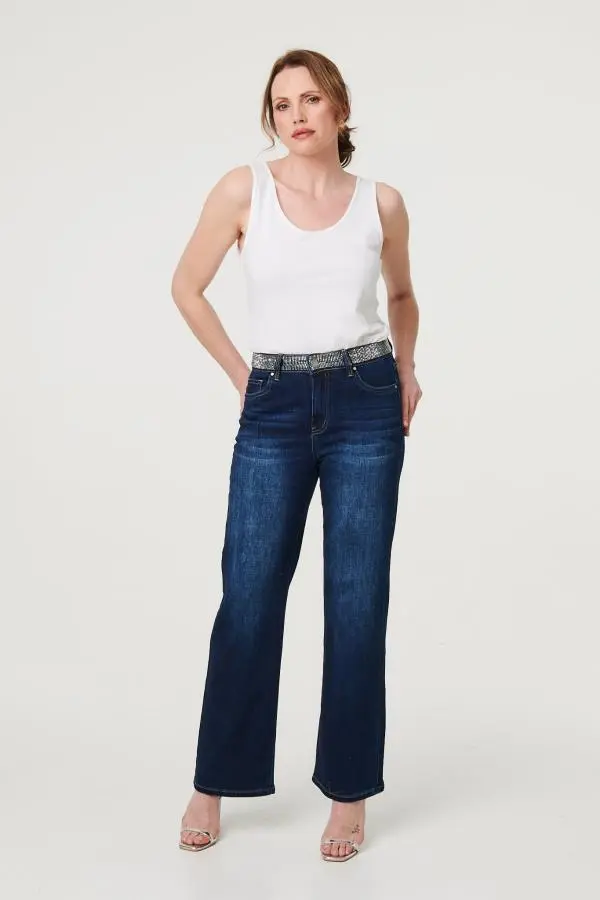 Diamante Stud High Waist Straight Jeans