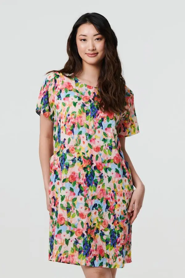 Floral Short Sleeve Shift Short Dress