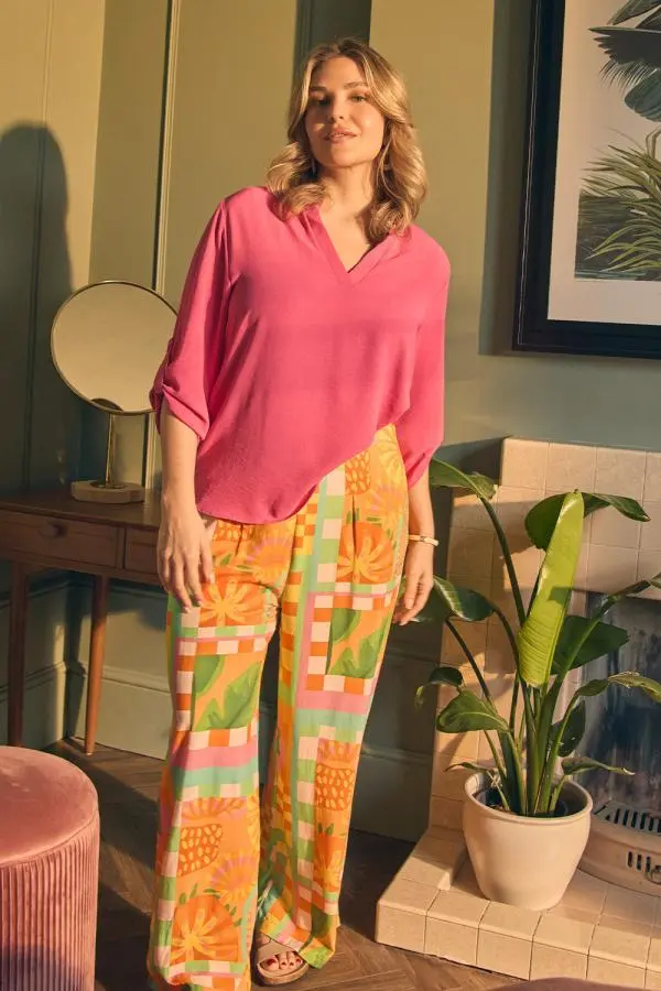 Tropical Tile Print Wide Leg Trousers