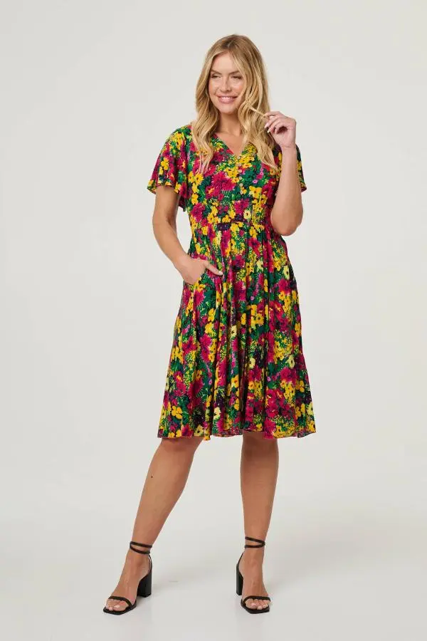 Floral Shirred Short Sleeve Midi Dress