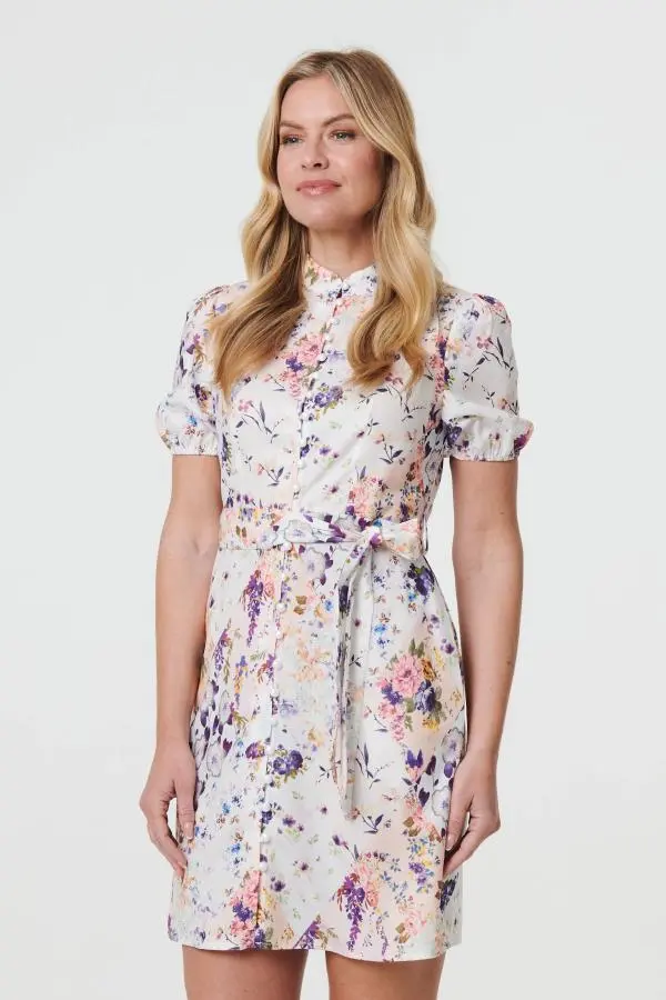 Floral High Neck Tie Waist Short Dress