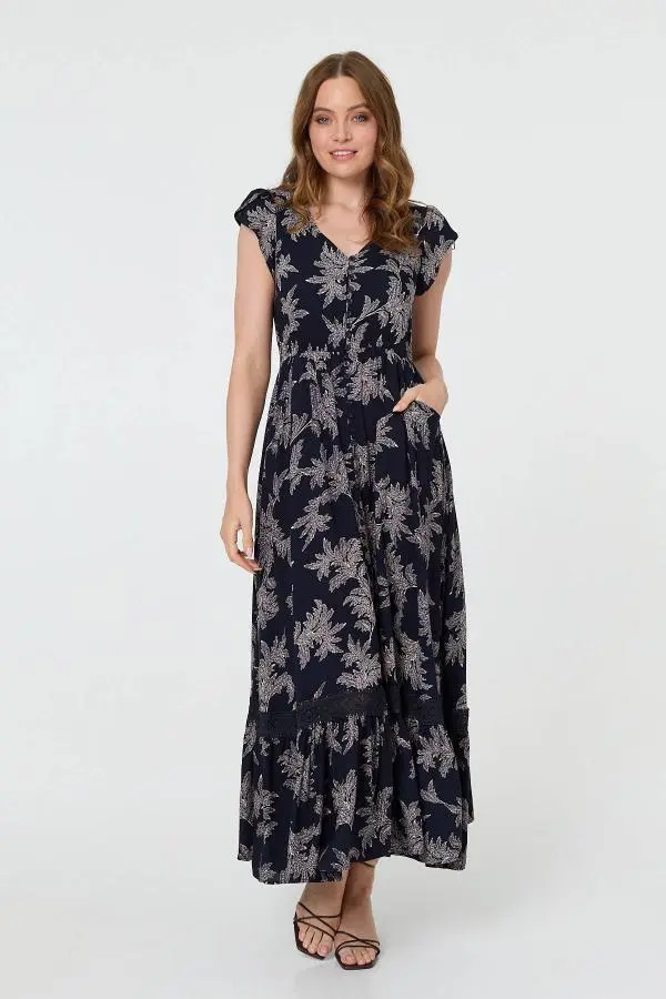 Leaf Print Shirred Lace Trim Maxi Dress