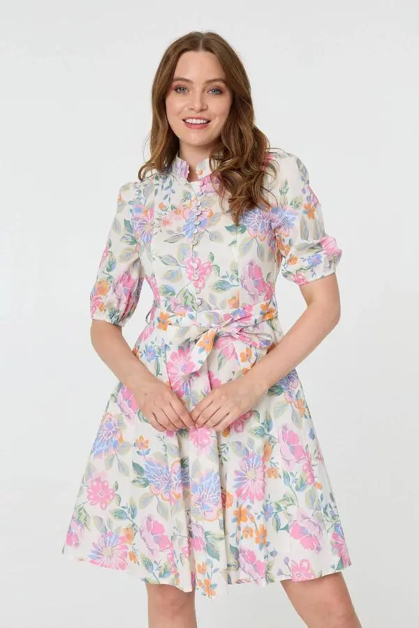 Floral Tie Waist Puff Sleeve Short Dress