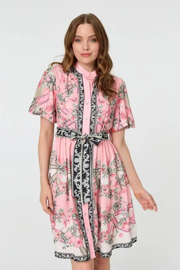 Border Print Tie Waist Short Dress