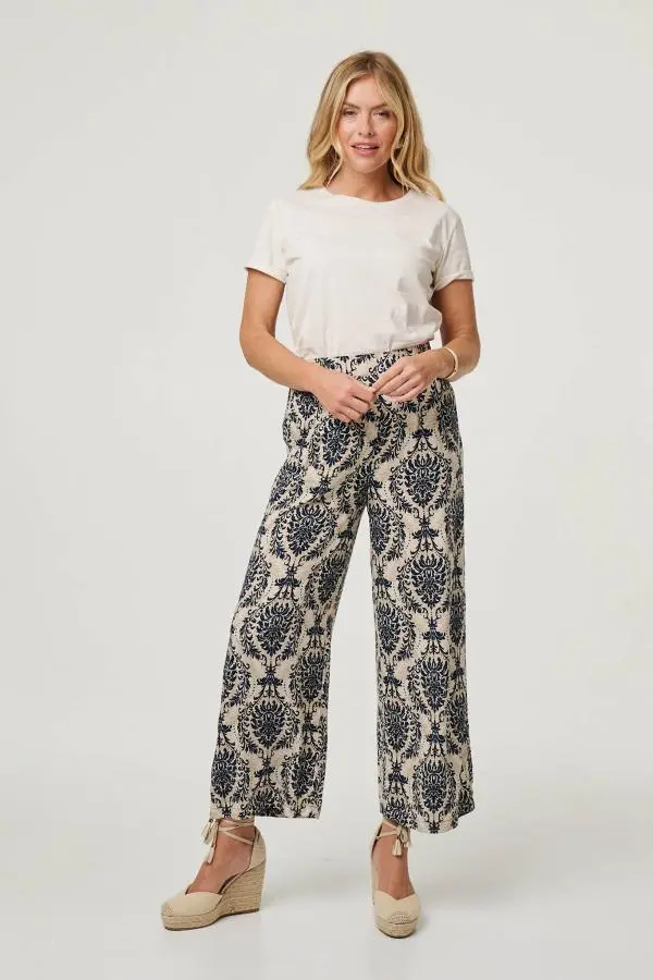 Baroque Print High Waist Wide Trousers