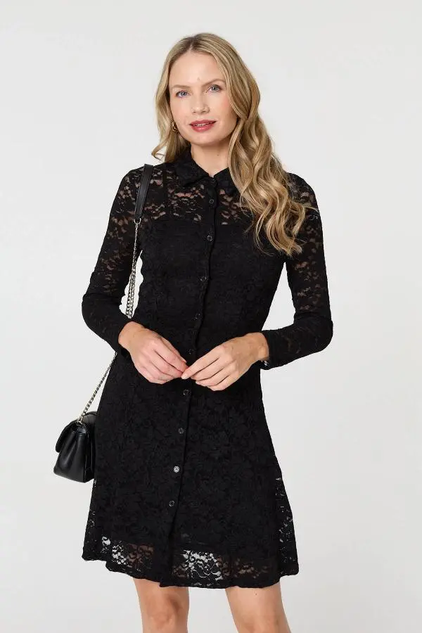 Lace Layer Long Sleeve Mini Shirt Dress