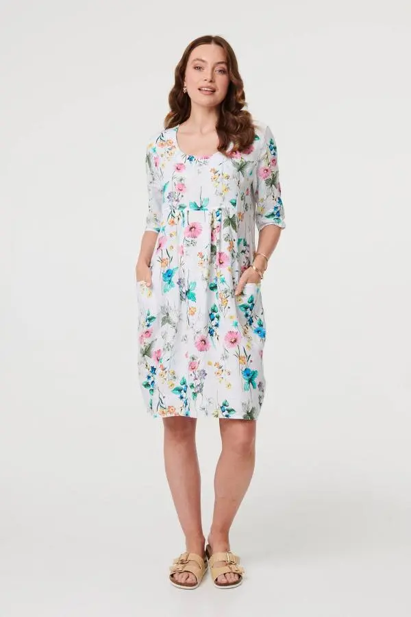 Floral 3/4 Sleeve Short Shift Dress