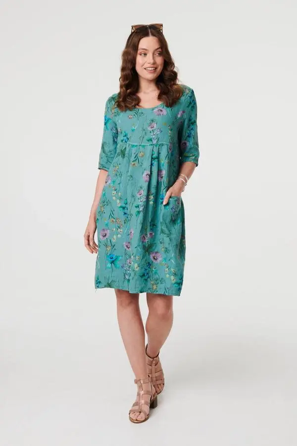 Floral 3/4 Sleeve Short Shift Dress