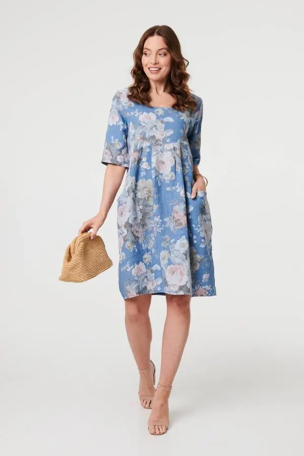 Floral 3/4 Sleeve Relaxed Short Dress