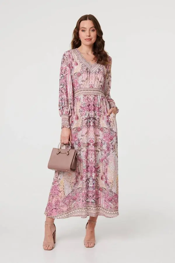 Floral Border Print Empire Maxi Dress