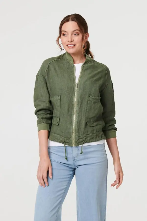 Pocket Detail Zip Front Bomber Jacket
