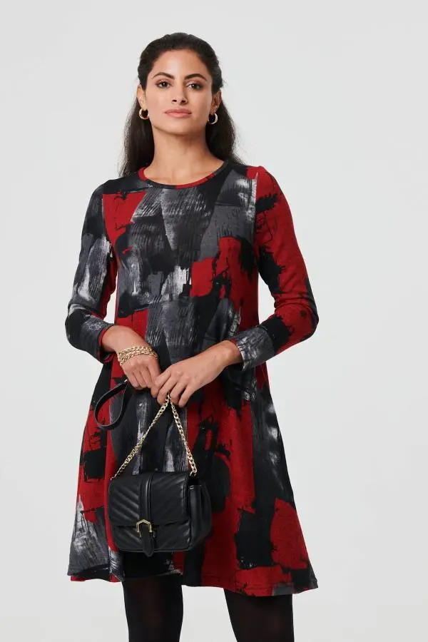Printed Long Sleeve Short Shift Dress