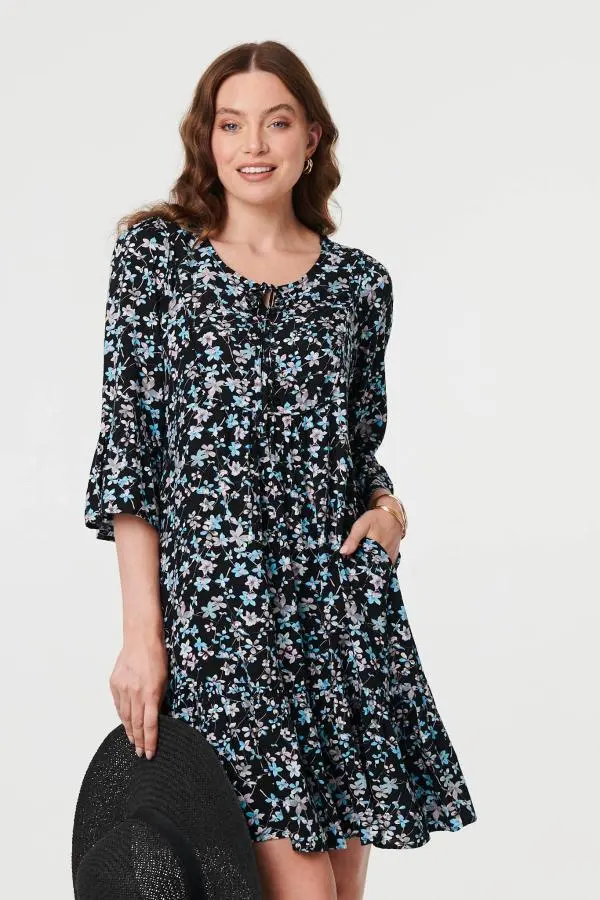 Ditsy Floral Flare Sleeve Short Dress
