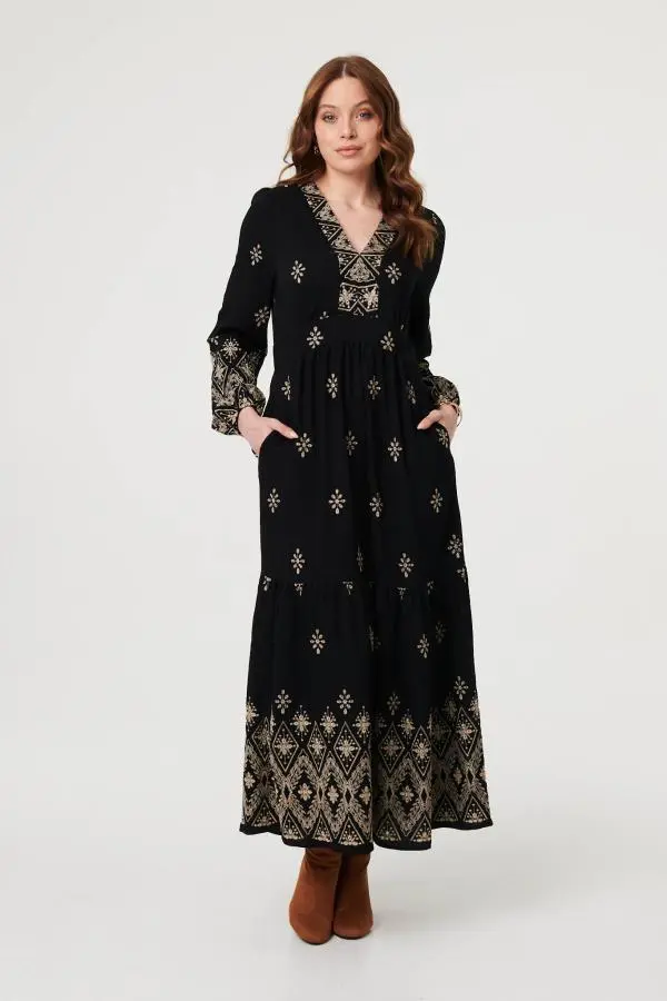 Border Print Long Sleeve Maxi Dress