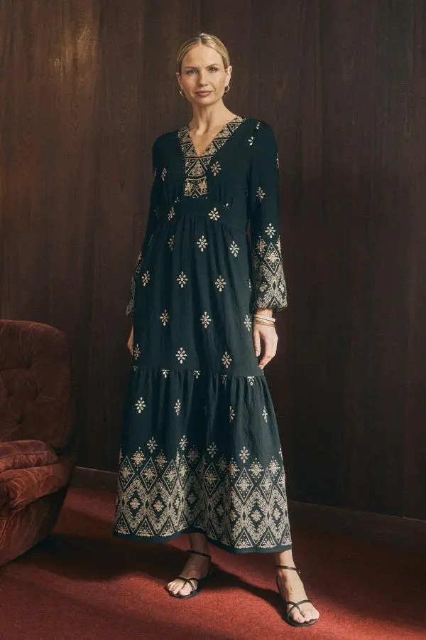 Border Print Long Sleeve Maxi Dress