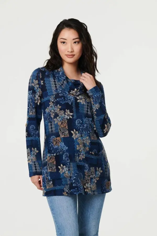 Printed Cowl Neck Long Sleeve Tunic Top