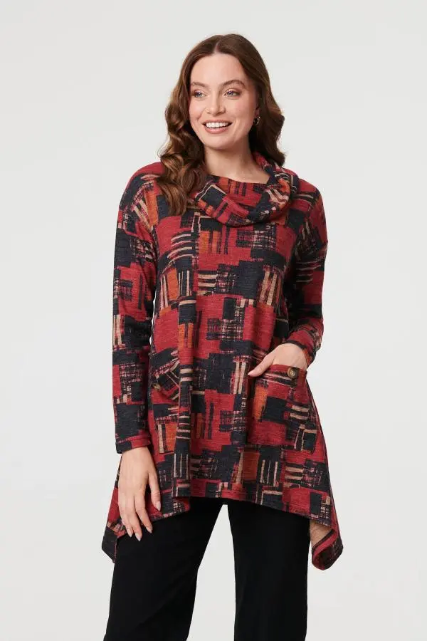 Printed Long Sleeve Cowl Neck Tunic Top