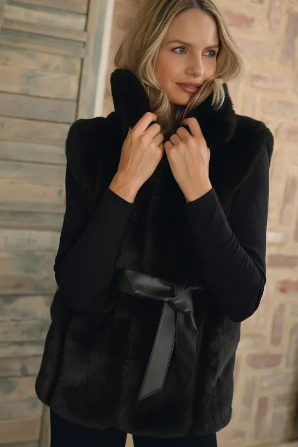 Faux Fur Sleeveless Tie Waist Gilet