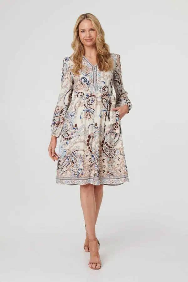 Abstract Tie Waist Knee Length Dress