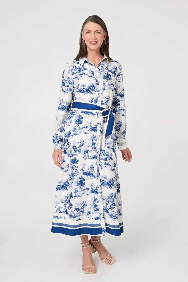 Border Print Tie Waist Maxi Shirt Dress