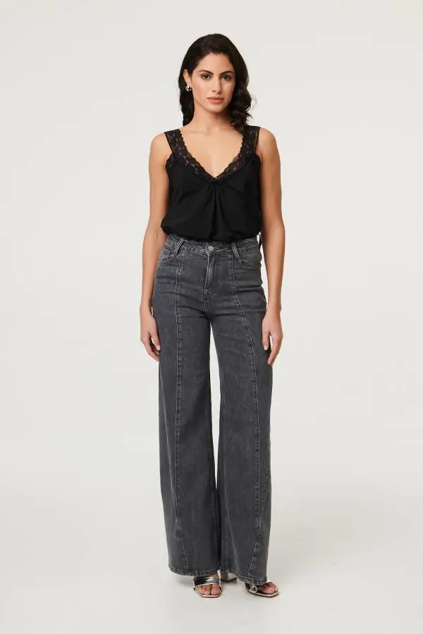 High Waist Seam Front Wide Leg Jeans