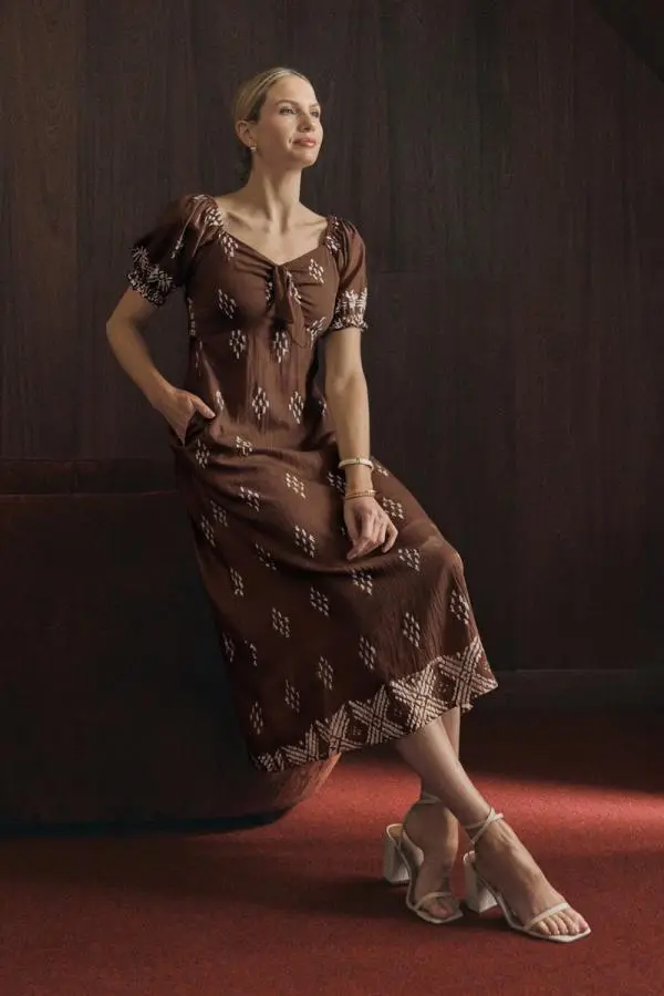 Border Print Puff Sleeve Midi Dress