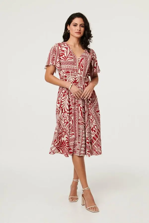 Abstract Print Angel Sleeve Midi Dress
