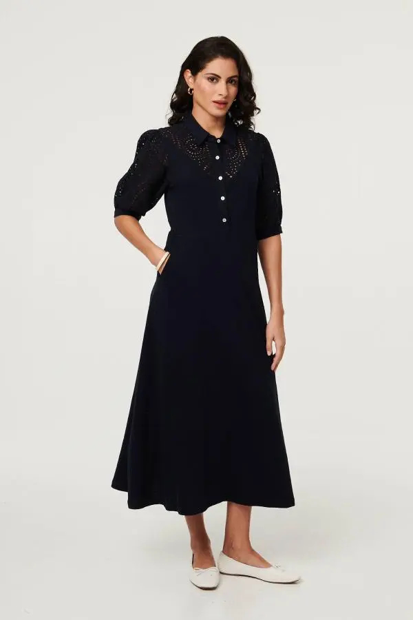 Embroidered Texture Midi Shirt Dress