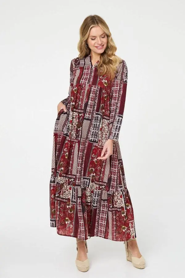 Patchwork Print Long Sleeve Maxi Dress