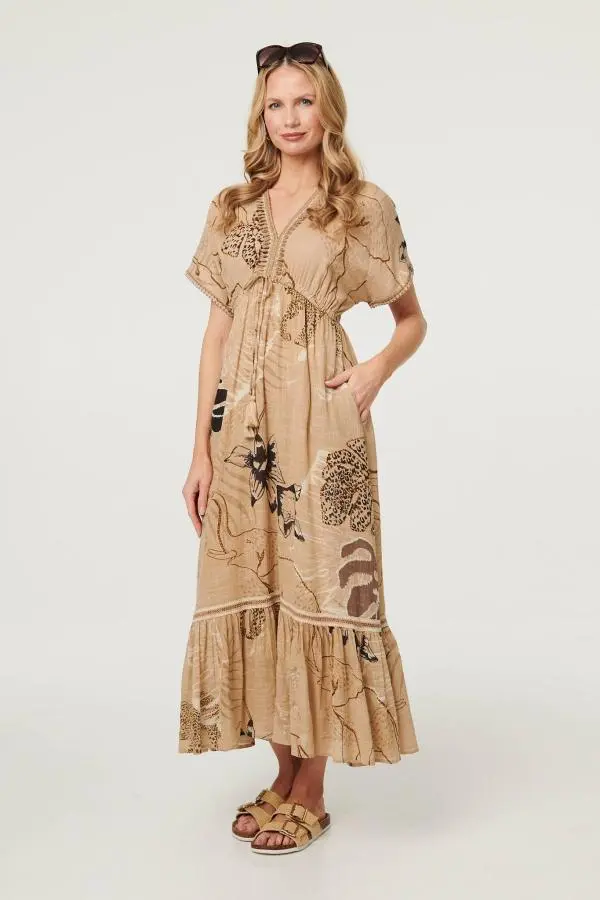 Printed Short Sleeve Empire Maxi Dress