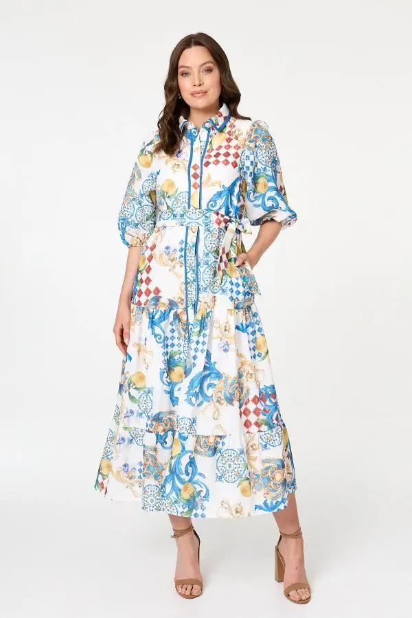 Printed 1/2 Puff Sleeve Shirt Midi Dress