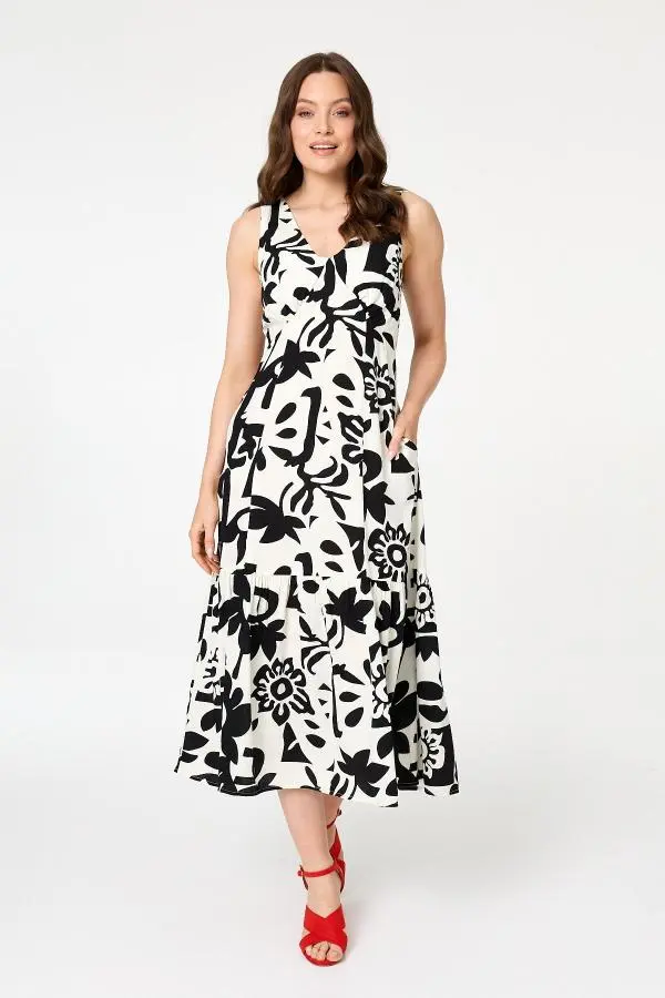 Floral Sleeveless A-Line Midi Dress