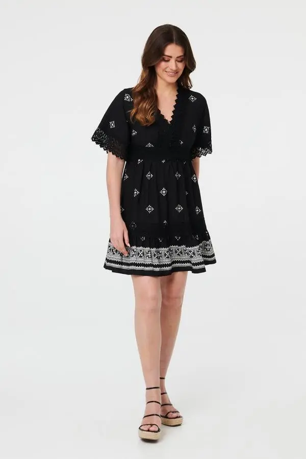 Border Print Lace 1/2 Sleeve Short Dress