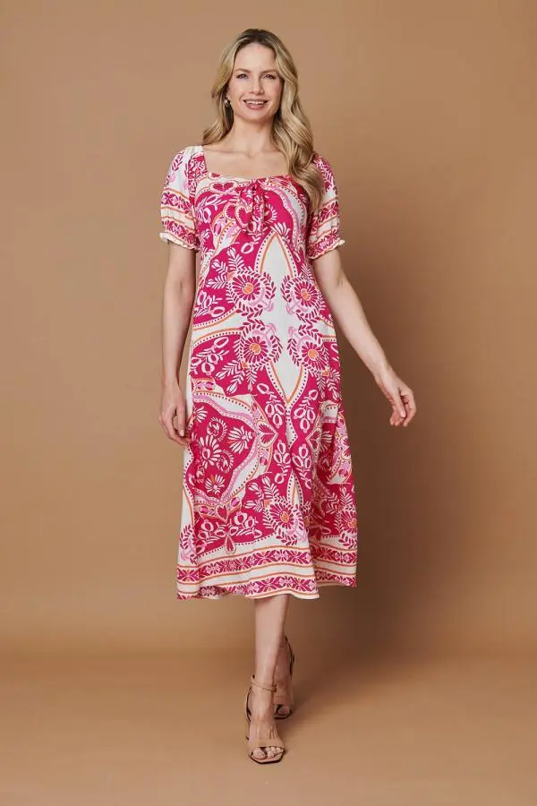 Printed A-Line Puff Sleeve Midi Dress