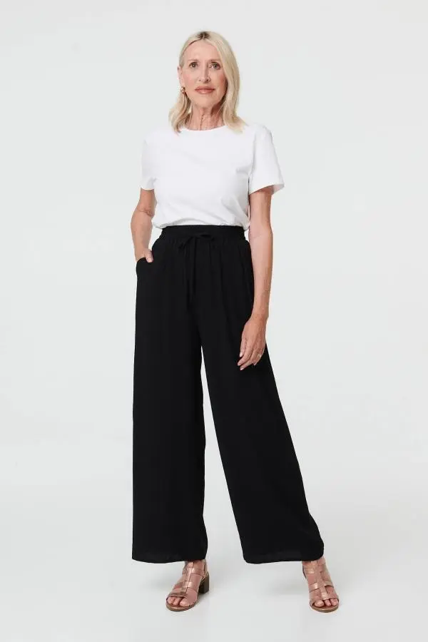 Drawstring High Waist Wide Leg Trousers