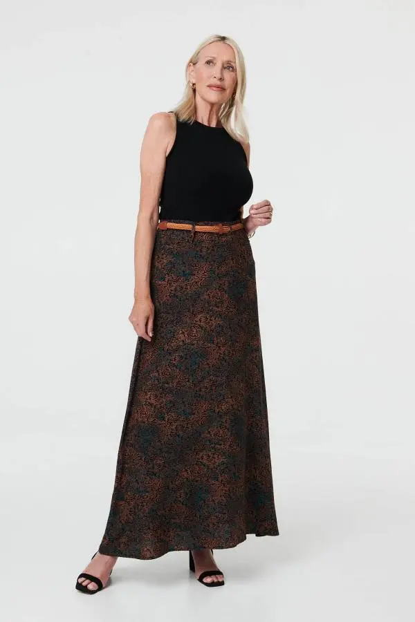 Printed High Waist Belted Maxi Skirt