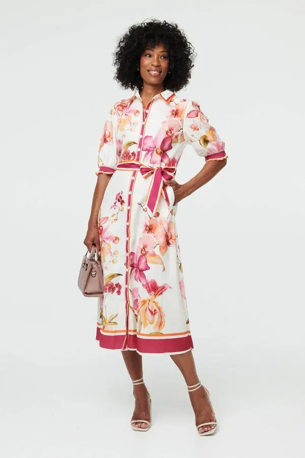 Floral Tie Waist A-Line Midi Shirt Dress