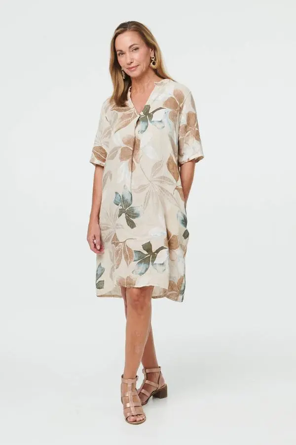 Leaf Print Shift Knee Length Dress