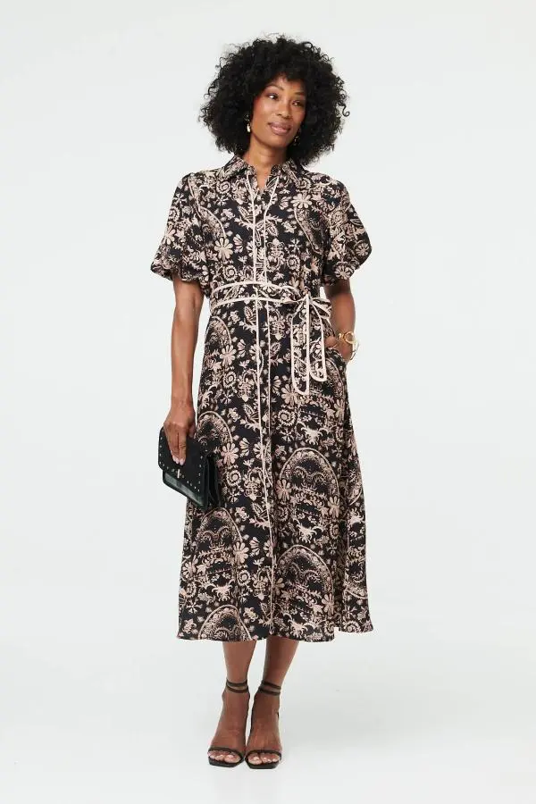 Printed Puff Sleeve Tie Midi Shirt Dress