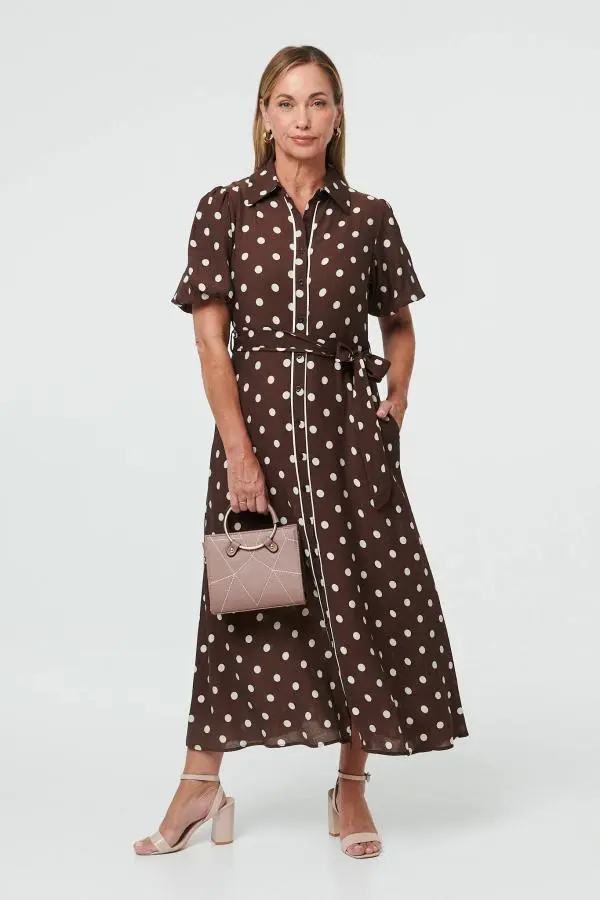 Polka Dot Tie A-Line Midi Shirt Dress
