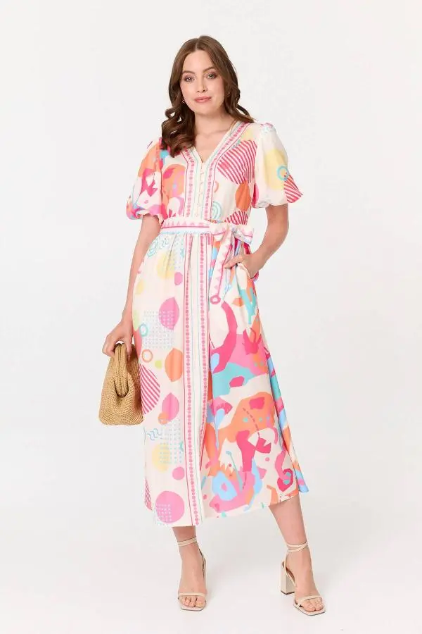 Abstract Short Puff Sleeve Midi Dress