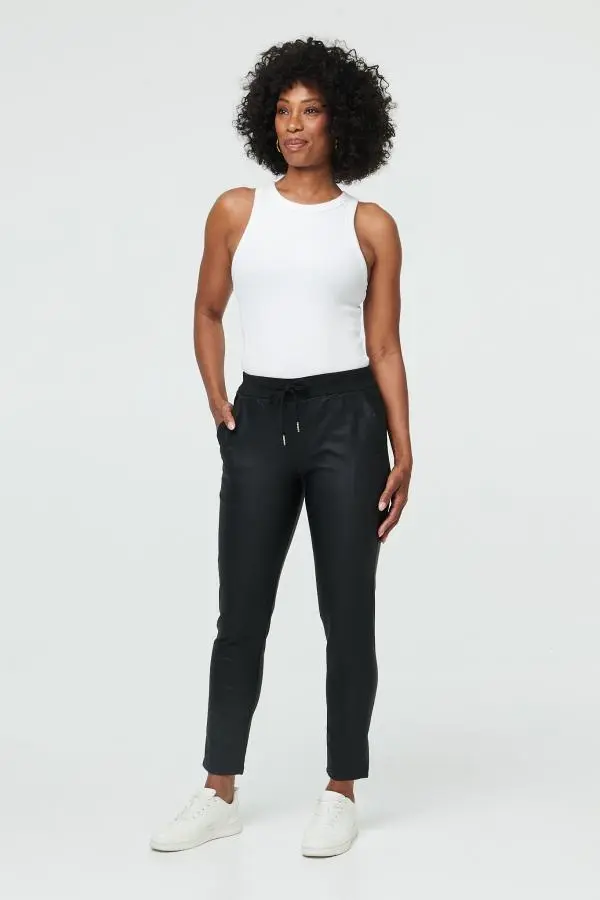 Faux Leather Tie Waist Slim Trousers