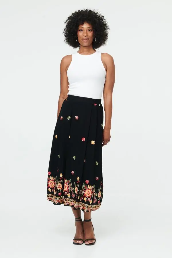 Floral High Waist A-Line Midi Skirt