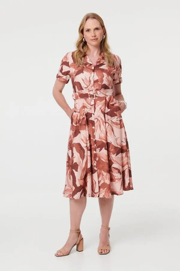 Leaf Print A-Line Midi Shirt Dress