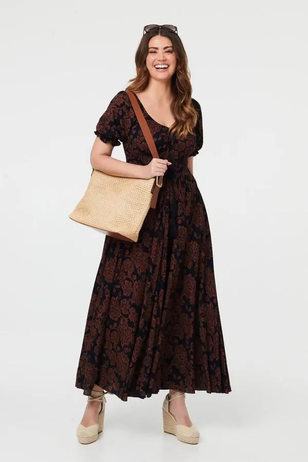 Paisley Short Puff Sleeve Maxi Dress